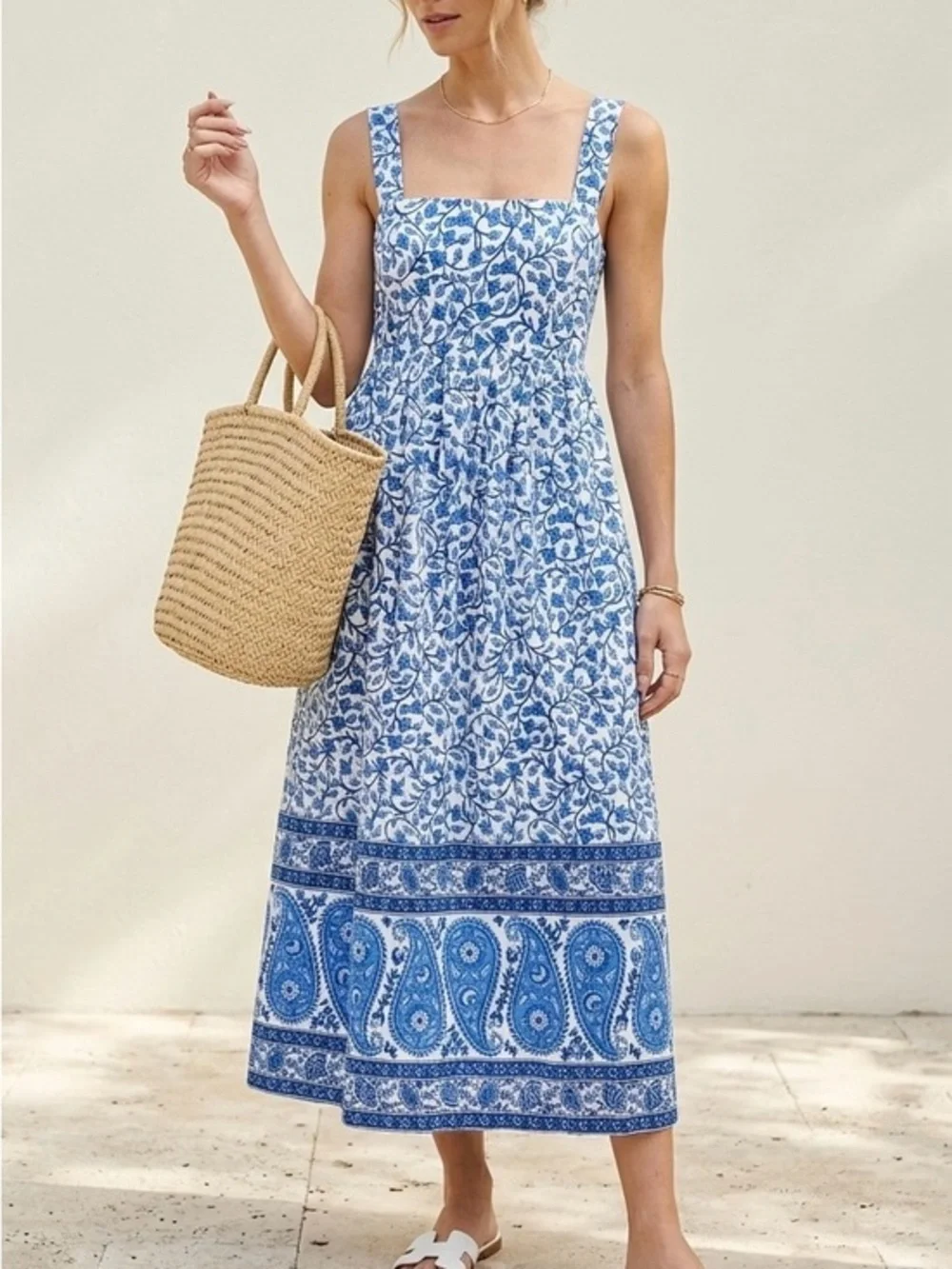 J. CREW Squareneck Midi Dress In Bandana Block Print Blue White 00P CM942 NWOT